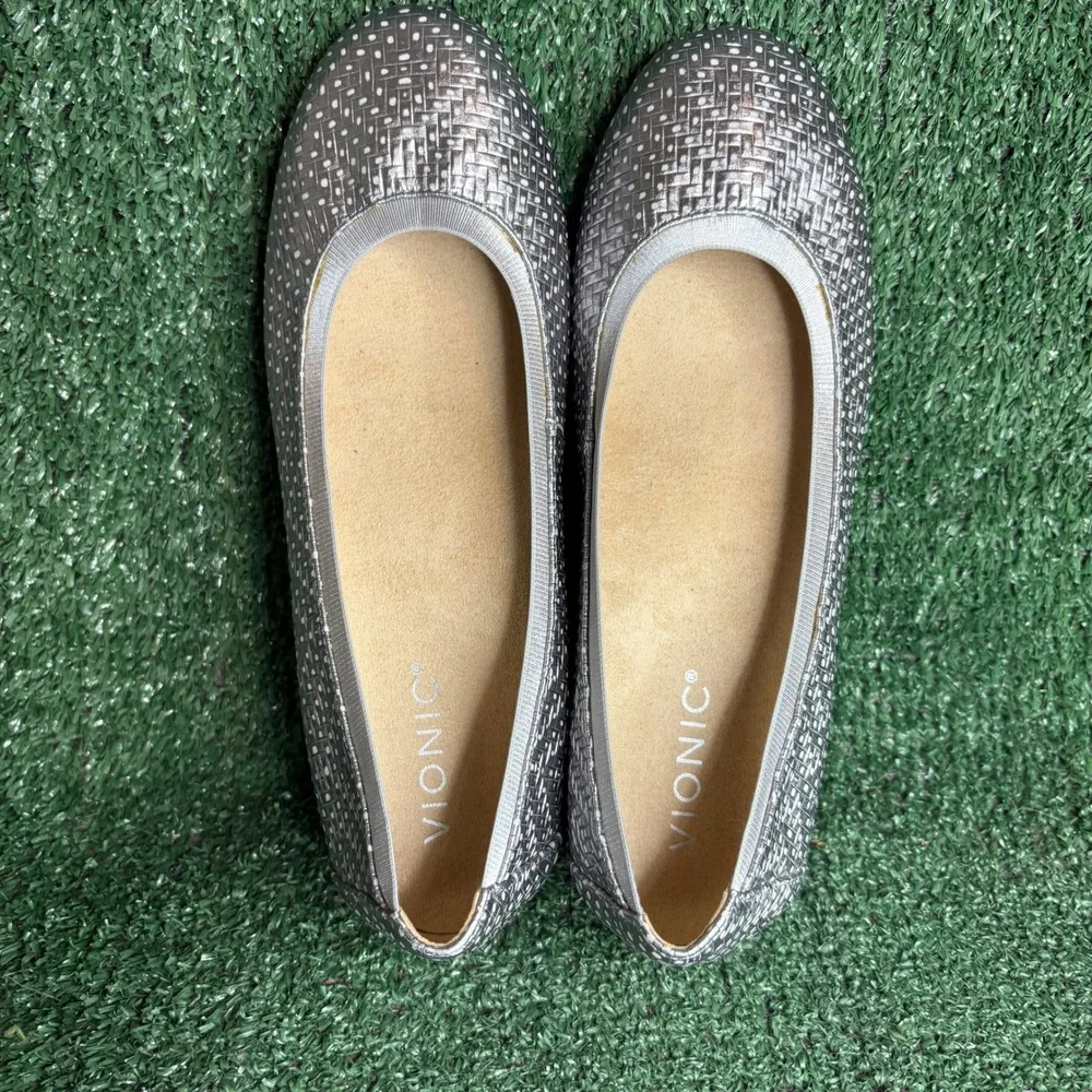 NEW Vionic Anita Orthotic Basketweave Metallic Ballet Flats Silver Womens Sz 7.5